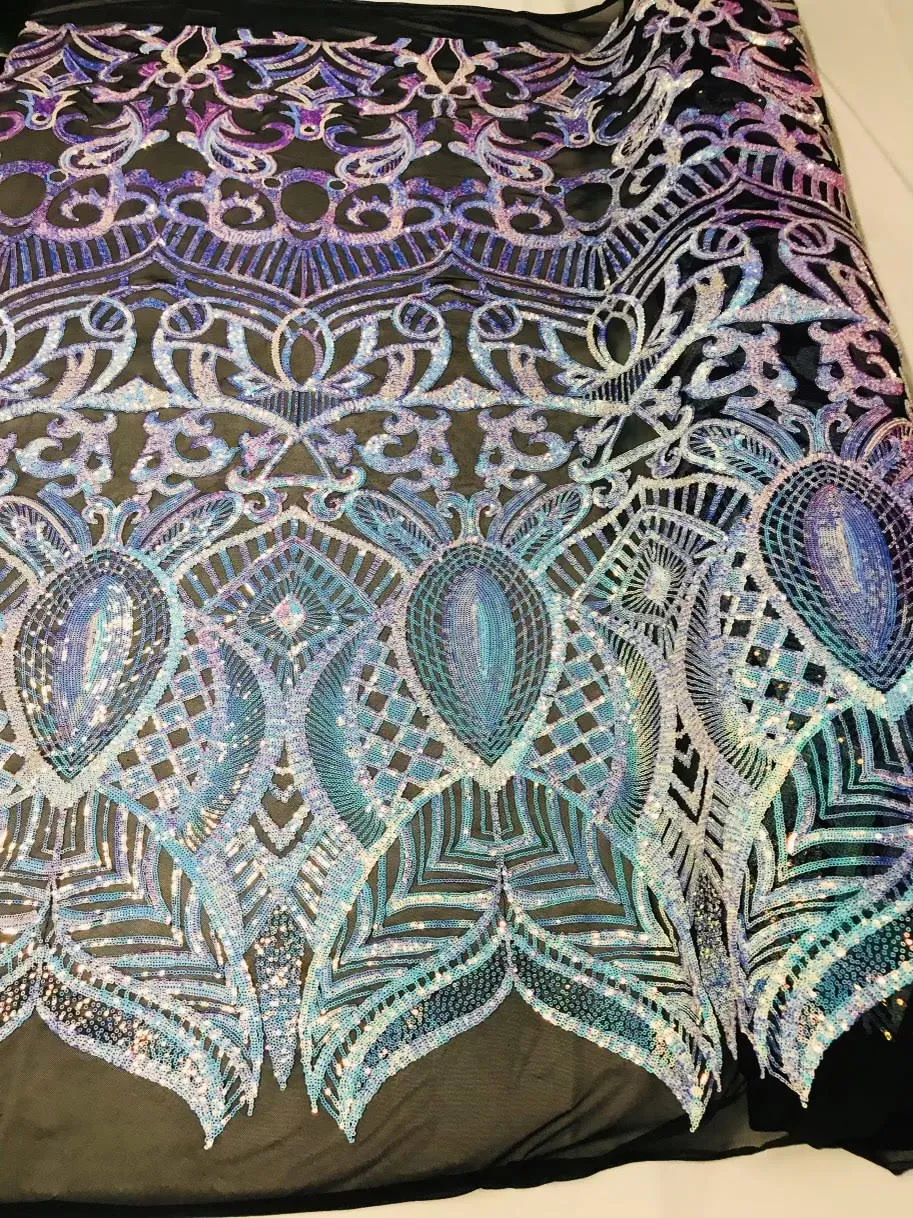 Royalty design embroidery with sequins on a 4 way stretch mesh-dresses-fashion-prom-nightgown-apparel-sold by the yard.