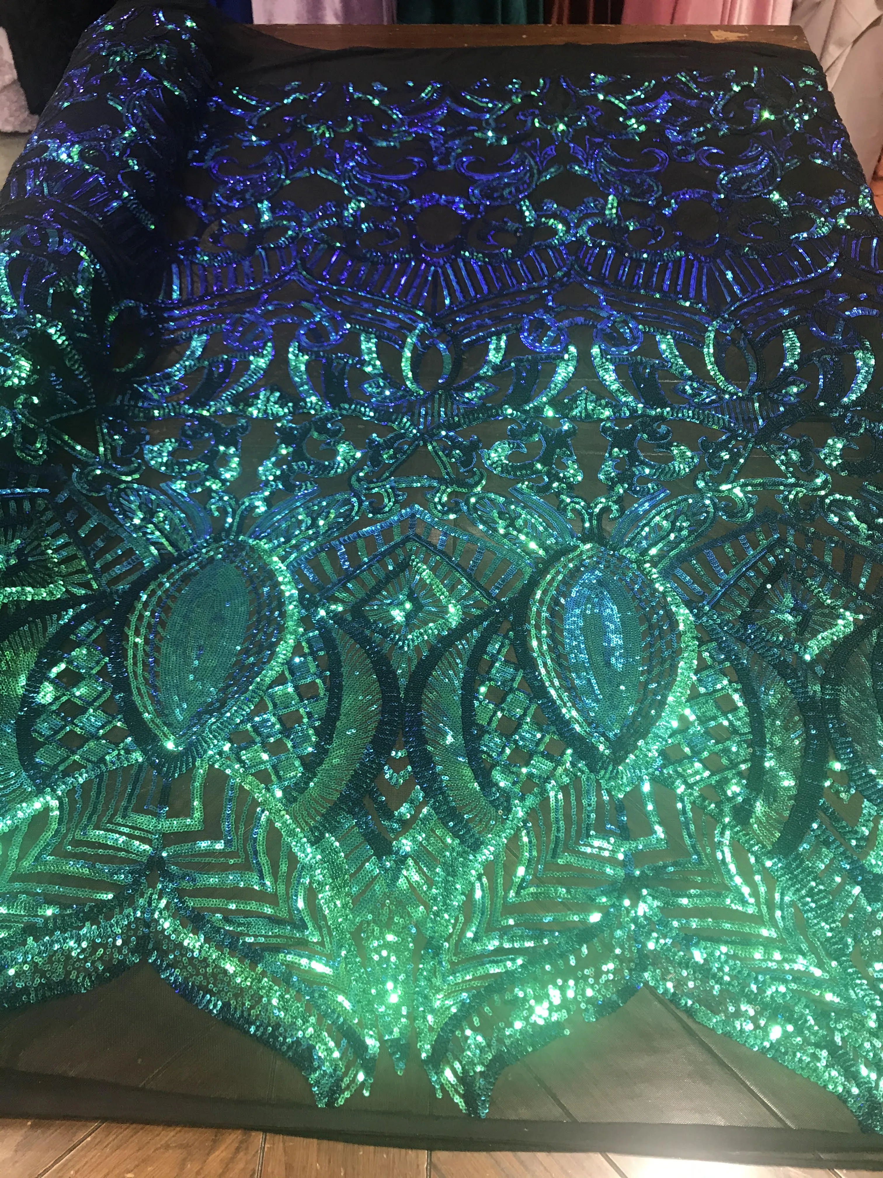 Royalty design embroidery with sequins on a 4 way stretch mesh-dresses-fashion-prom-nightgown-apparel-sold by the yard.