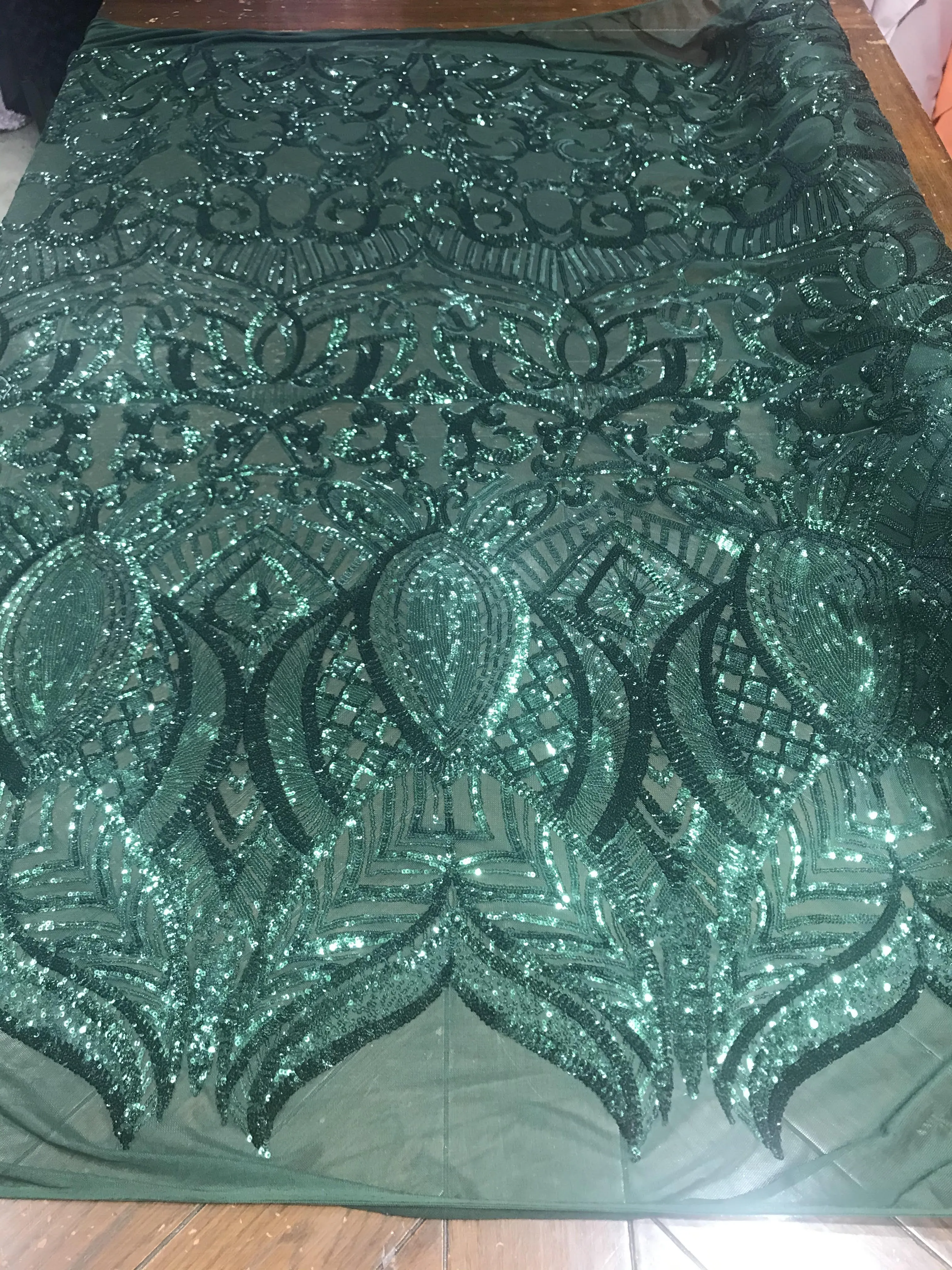Royalty design embroidery with sequins on a 4 way stretch mesh-dresses-fashion-prom-nightgown-apparel-sold by the yard.