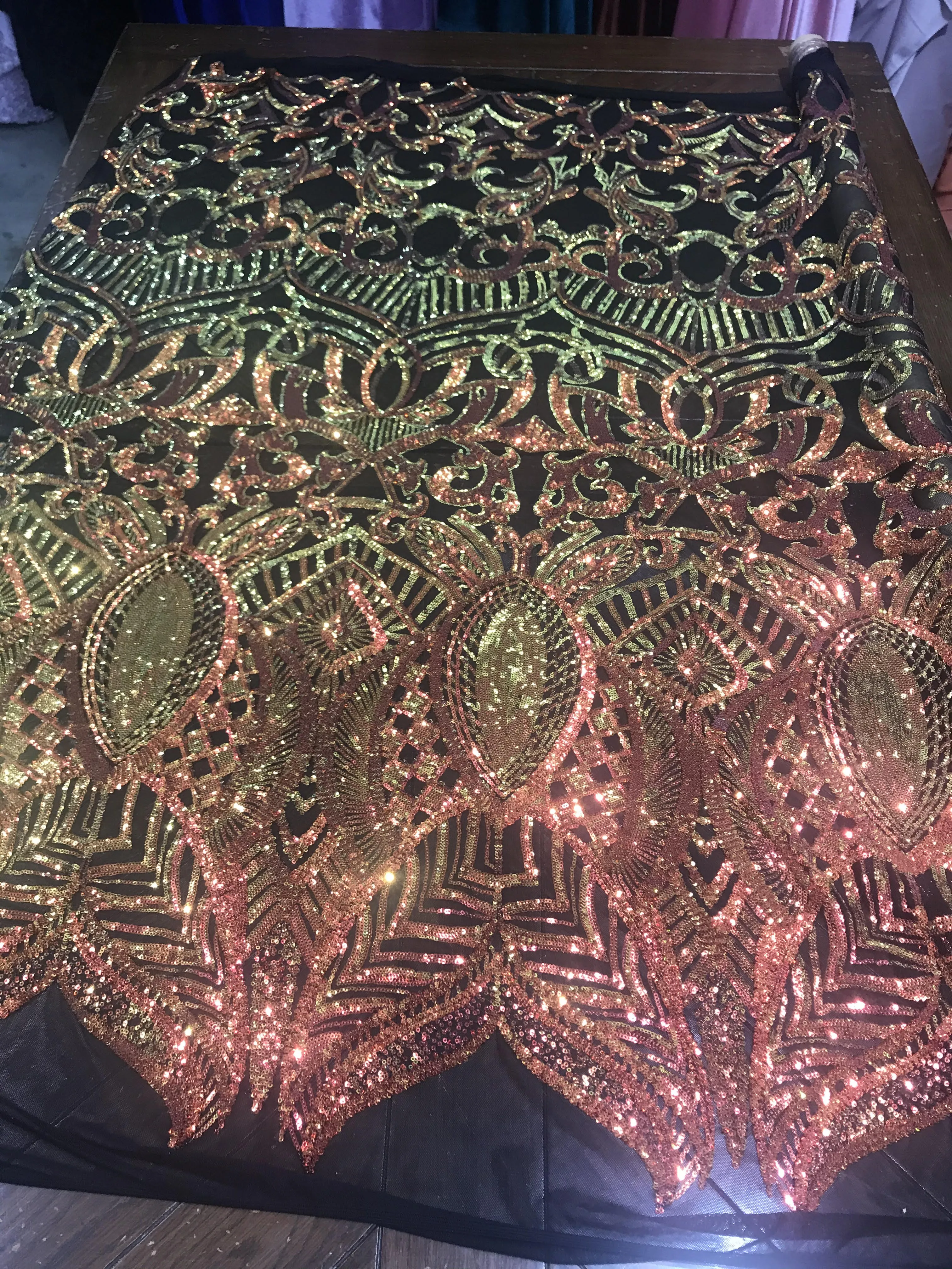 Royalty design embroidery with sequins on a 4 way stretch mesh-dresses-fashion-prom-nightgown-apparel-sold by the yard.