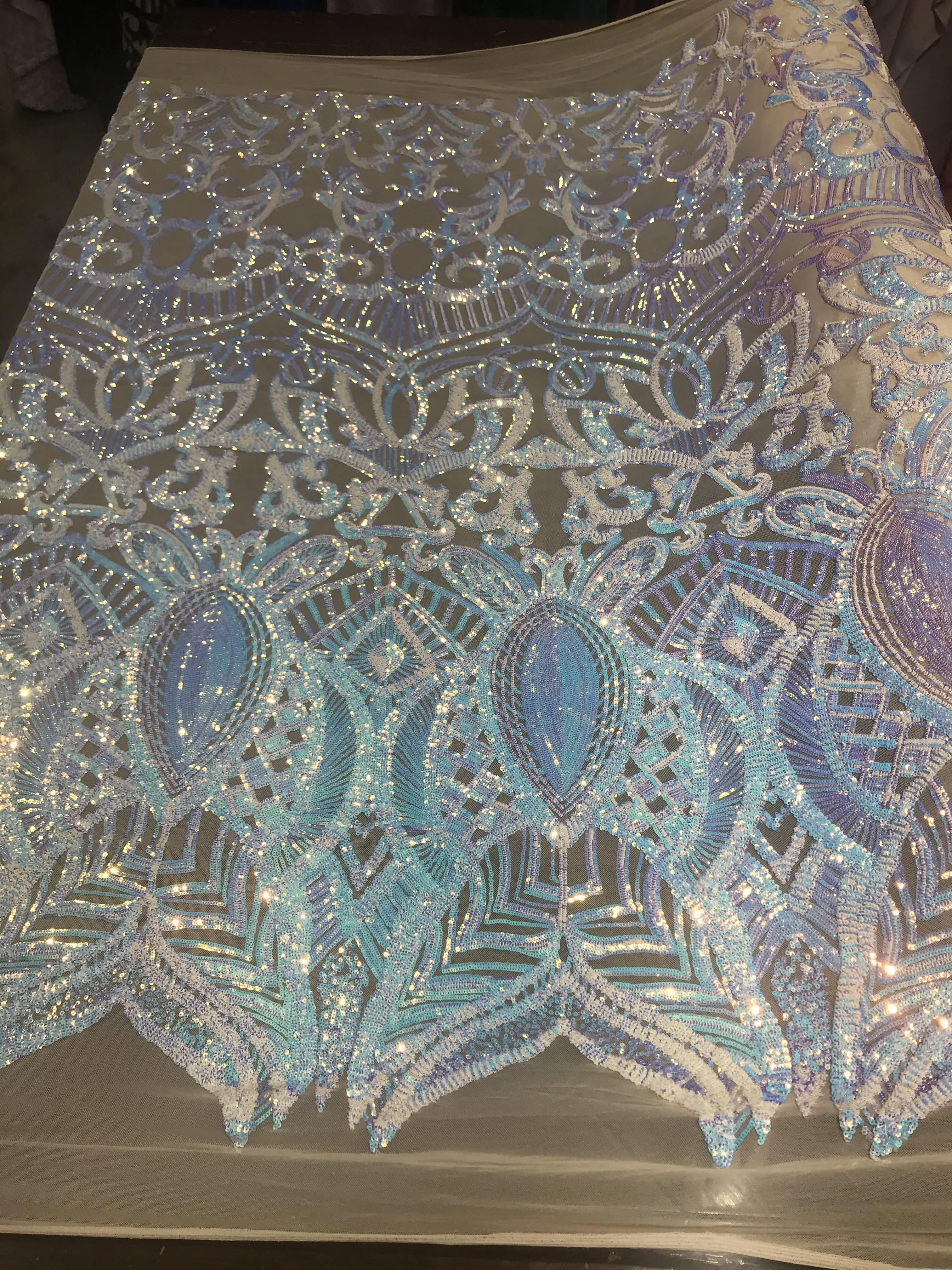 Royalty design embroidery with sequins on a 4 way stretch mesh-dresses-fashion-prom-nightgown-apparel-sold by the yard.