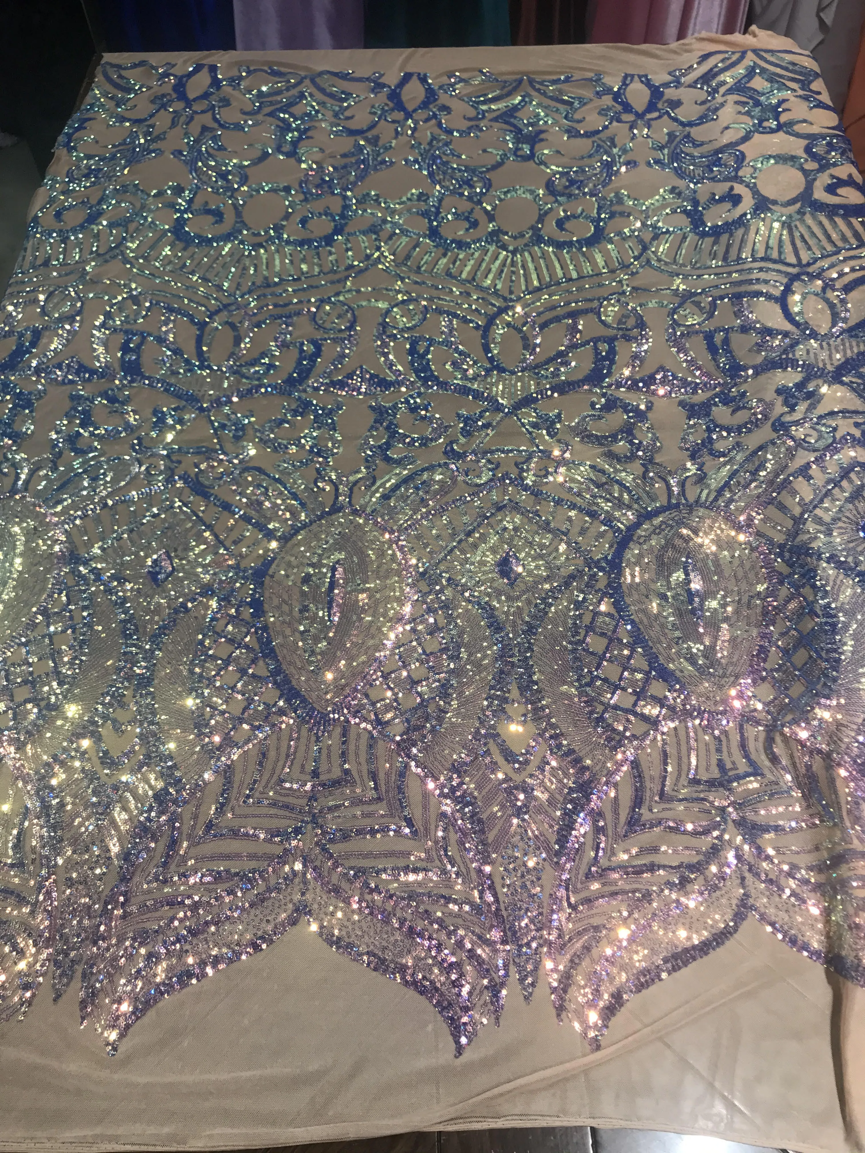 Royalty design embroidery with sequins on a 4 way stretch mesh-dresses-fashion-prom-nightgown-apparel-sold by the yard.