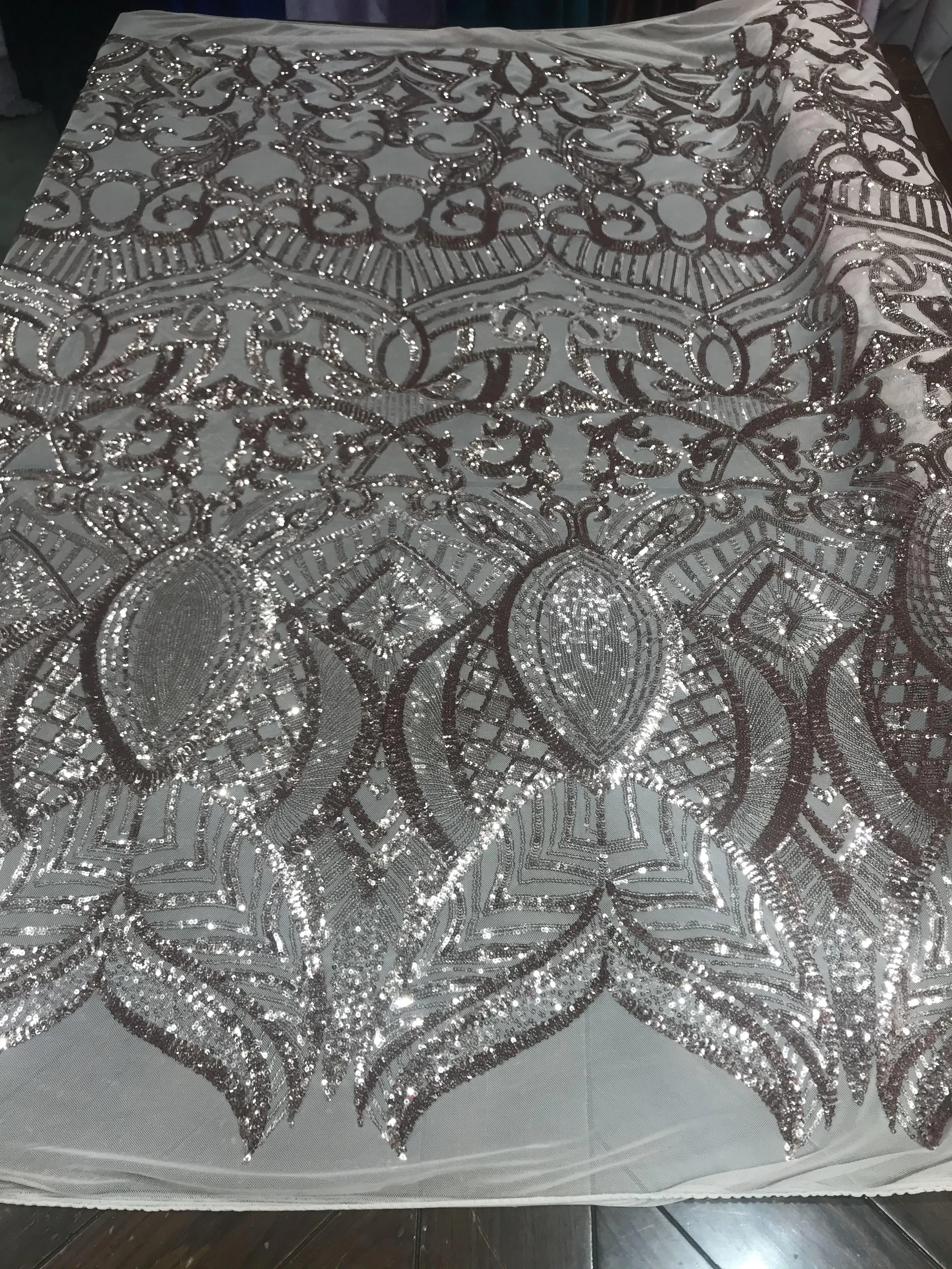 Royalty design embroidery with sequins on a 4 way stretch mesh-dresses-fashion-prom-nightgown-apparel-sold by the yard.