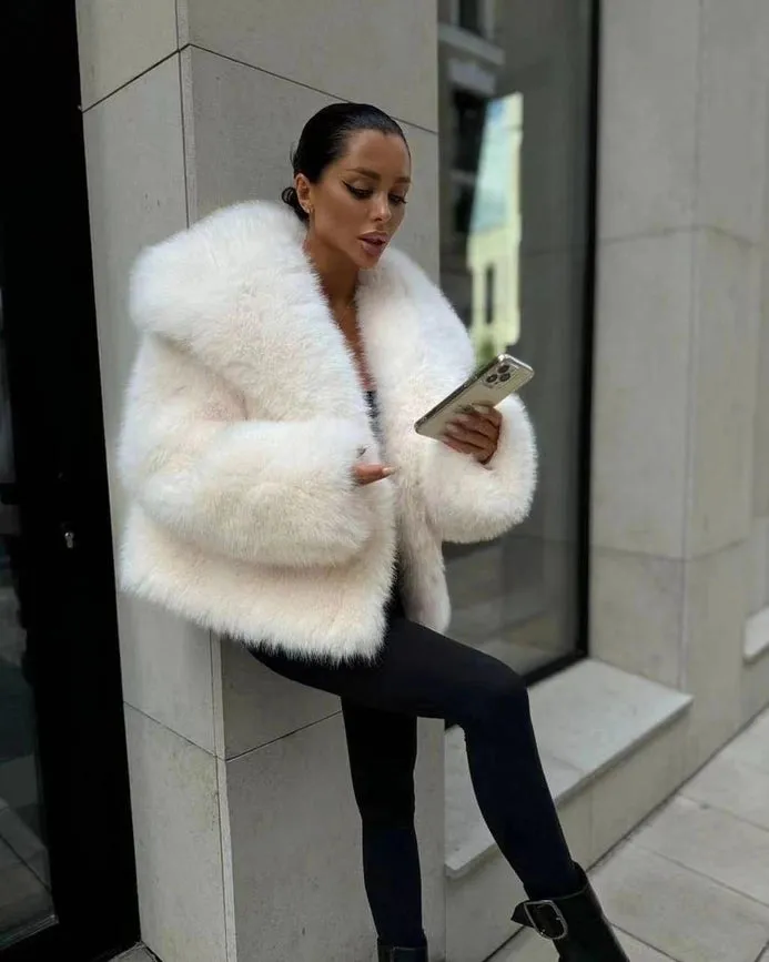 White Lapel Faux Fur Jacket Puffy Pine Casual Fox Fur Skirt