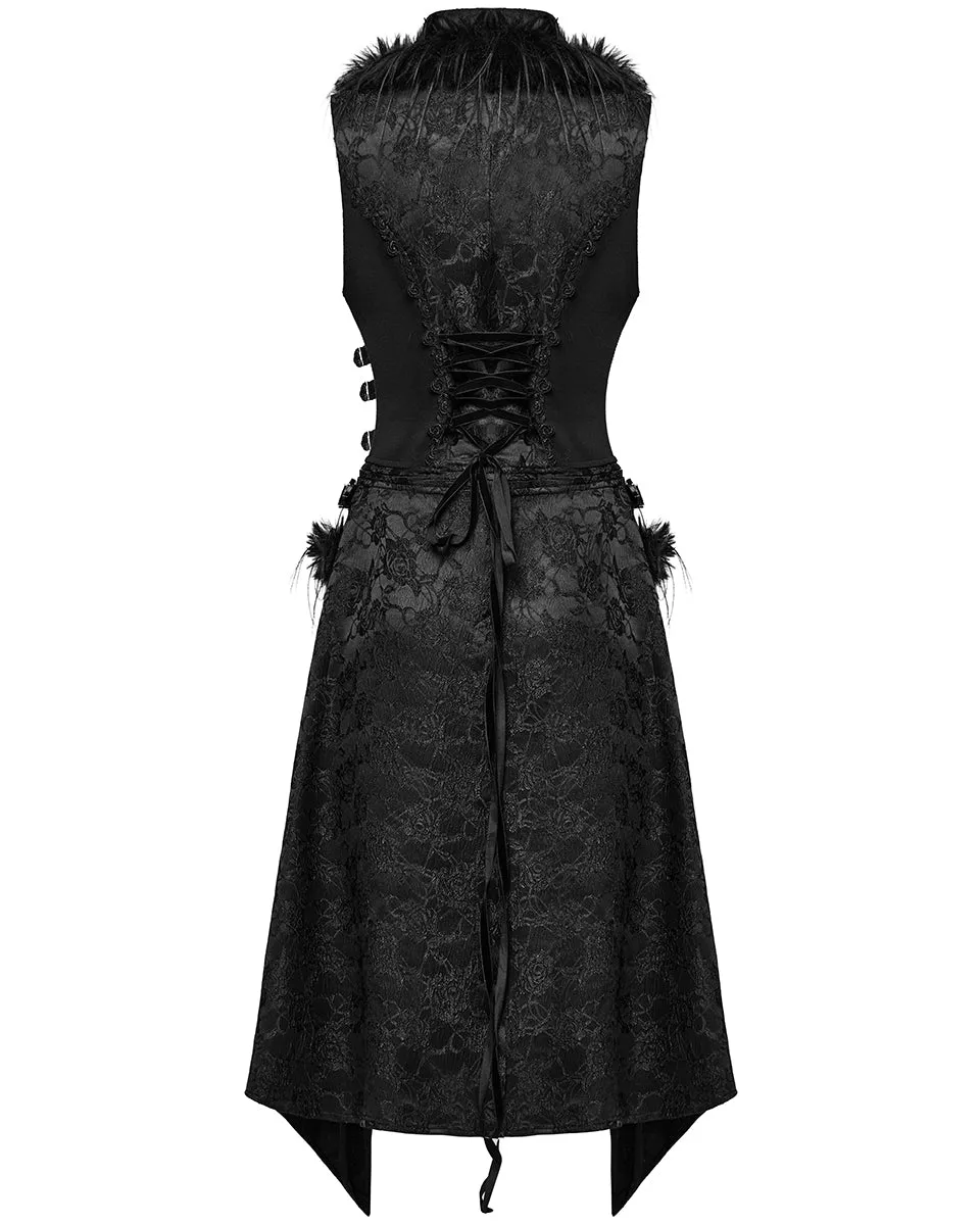 WY-1650MJF Womens Long Gothic Rose Jacquard 2 Piece Waistcoat Vest With Faux Fur Trim